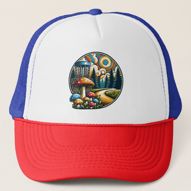 Boné Arte de IA Psicodélico de Disc Golf Retro (Frente)