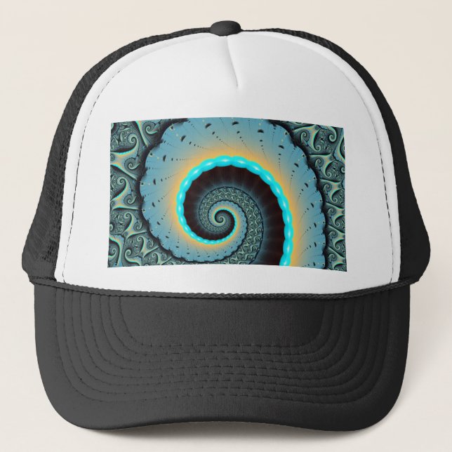 Boné Arte fractal espiral abstrata azul-turquesa laranj (Frente)