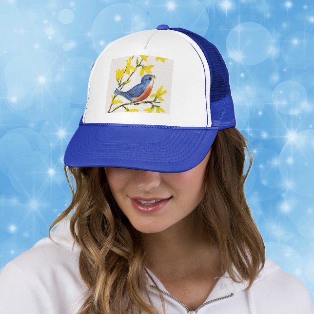 Boné Árvore de Pássaro Azul Cantando Fofa (Little singing blue red bird on branch yellow flowers on ball cap.)