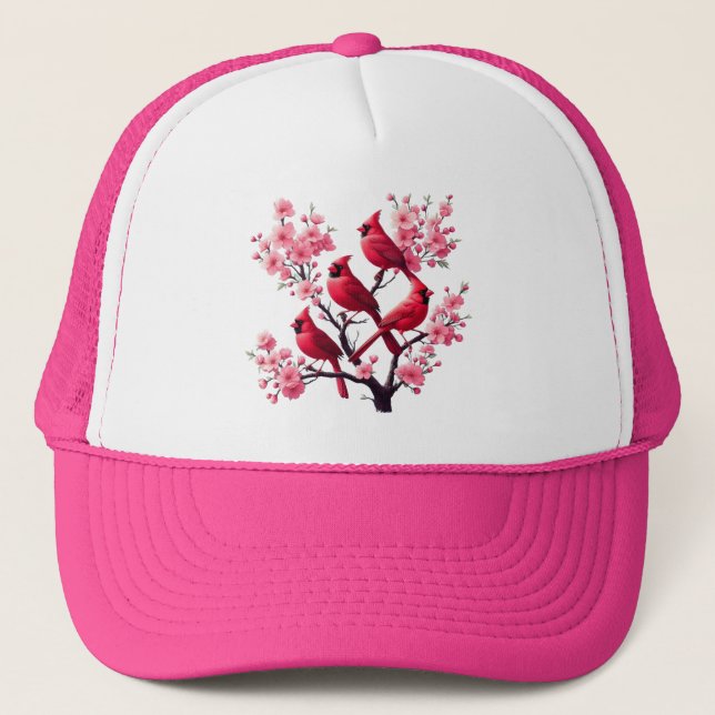 Boné Aves Vermelhas Cardinas, Pássaros de Árvores Rosa- (Frente)