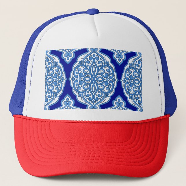 Boné Azul-branco-luxo, ornamento turco. (Frente)