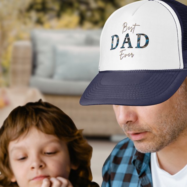 Boné Azul Moderno de Mármore Melhor Pai de Todos os Tem (A cool summer cap with "Best Dad Ever" wording in a blue marbled effect. Ideal for Father's Day)