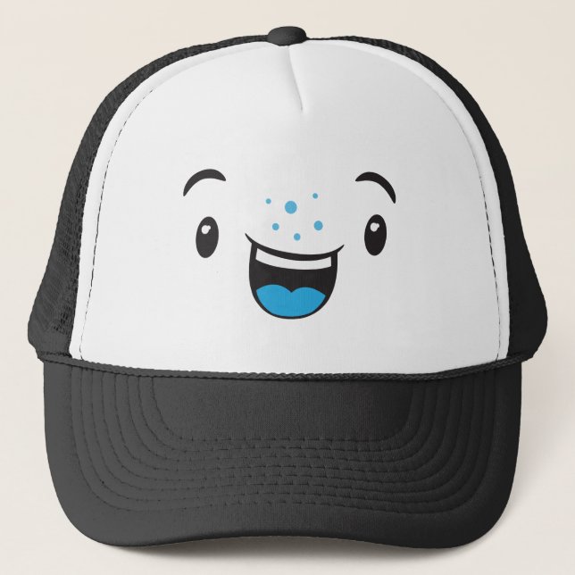 Boné Azul sorrindo Kawaii Face Trucker Hat (Frente)