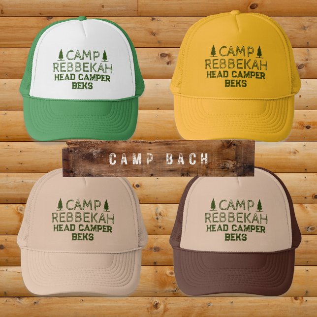 Boné Bachelorette de Camp Retro Russo Personalizado Ver (Camp Bach Personalized Trucker Hats with Forest Green)