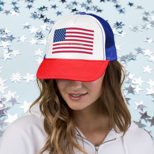 Boné Bandeiras Americanas Patrióticas Estrelas Strips R (Patriotic USA American Flag Stars Stripes Red Blue Trucker Hat)