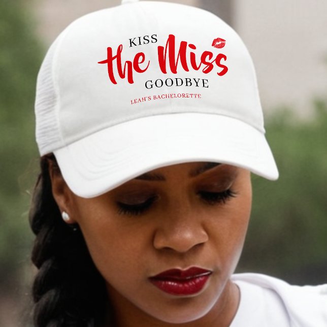 Boné Beije a Senhorita Despedida Festa de Solteira com  (Kiss the Miss Goodbye Red Lip Bachelorette Party Trucker Hat
)