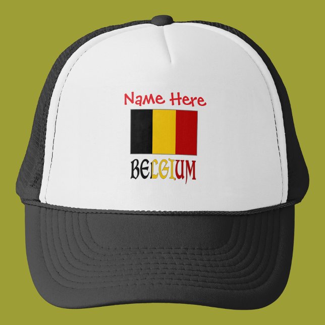 Boné Bélgica Bandeira Belga Red Personated Trucker Hat (Trucker hat with Belgian flag and the word BELGIUM in flag colors. Add name above.)