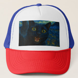 Boné Black Cat Starry Night Van Gogh Cat Selfie
