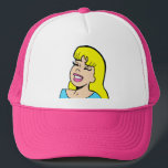 Boné Blona Bombshell Comic Strip Hat<br><div class="desc">Este Blonde Bombshell Comic Strip Trucker Hat apresenta um desenho de estilo cômico de uma linda menina loira. Ela tem o nariz do botão, lábios cor-de-rosa do cheio e os sorrisos mais brilhantes. Os olhos dela estão fechados, provavelmente devido ao peso da sua luxúria, lascas pretas. Ela tem uma espessa...</div>