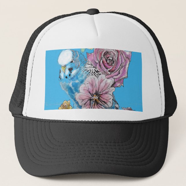 Boné Blue Budget Budgerigar Rosa Watercolor Arte floral (Frente)