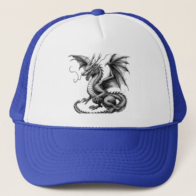 Boné Blue Trucker Hat with Dragon Design - Black and Wh (Frente)