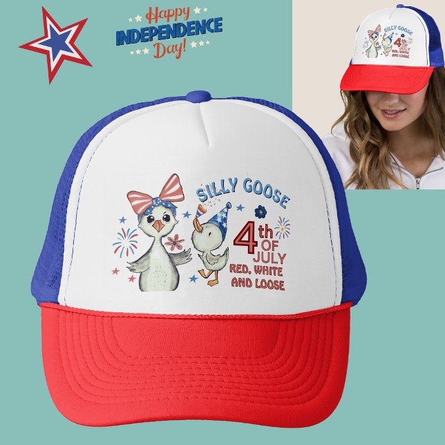 Boné Bobo Ganso Mama e Bebê Vermelho, Branco e Azul ( Silly Goose Mama & Baby Red, White & Blue Trucker Hat)