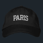 Boné Bordado branco PARIS em preto<br><div class="desc">Chapéu de Algodão Preto Bordado Branco PARIS. Faz um presente maravilhoso para quem ama Paris France! Se preferir ter o seu texto pessoal, selecione simplesmente o botão "Personalizar este modelo" para introduzir o texto personalizado. O bordado também é personalizável para outras opções de cores selecionando o botão da ferramenta "Editar...</div>