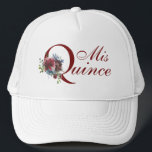 Boné Borgonha e Azul Floral Mis Quince Aniversário<br><div class="desc">Celebre sua Quinceanera em estilo com esta design floral feminina com o texto "Mis Quince" embelezado com um buquê de flores aquáticas em burgundy e azul. Outros produtos correspondentes estão disponíveis neste design.</div>