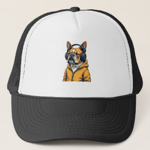 Boné Bulldog Antigo de Headphones Vestindo Capuz Música