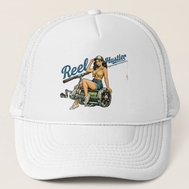 Boné Caçador de Carretel Retrô Pin-Up de Pesca | Peixe  (Frente)