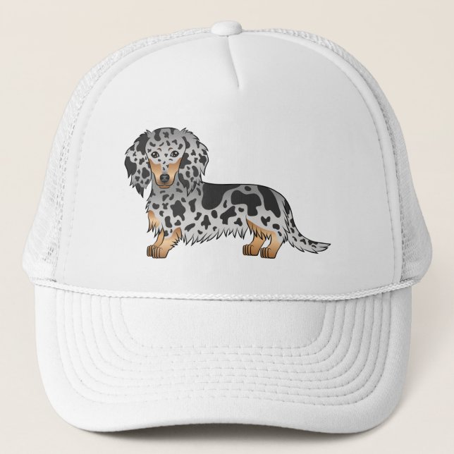 Boné Cachorro Dachshund de Pelo Longo Dapple Preto e Ca (Frente)