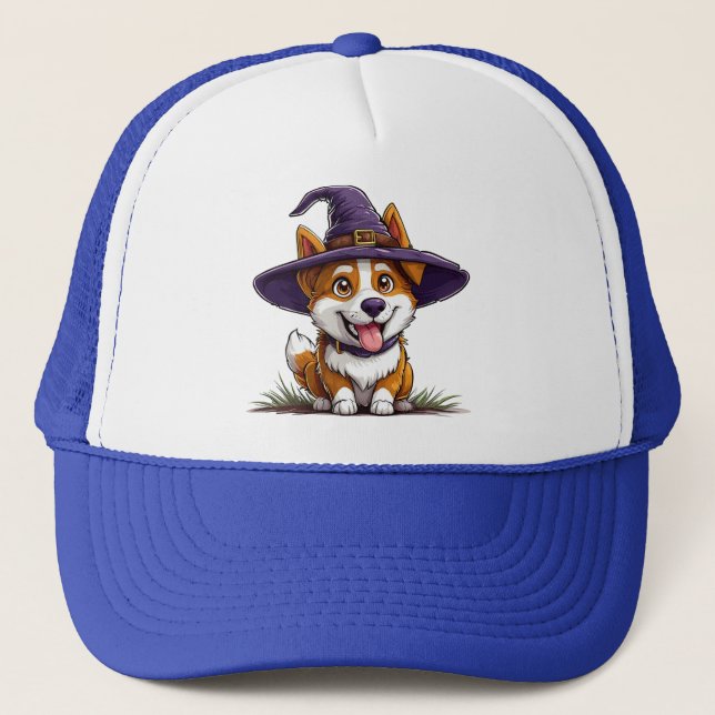 Boné Cachorro de Halloween Usando um Chapéu de Bruxa (Frente)