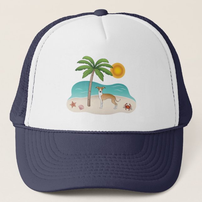 Boné Cachorro Iggy Bege e Branco em uma Praia Tropical  (Frente)