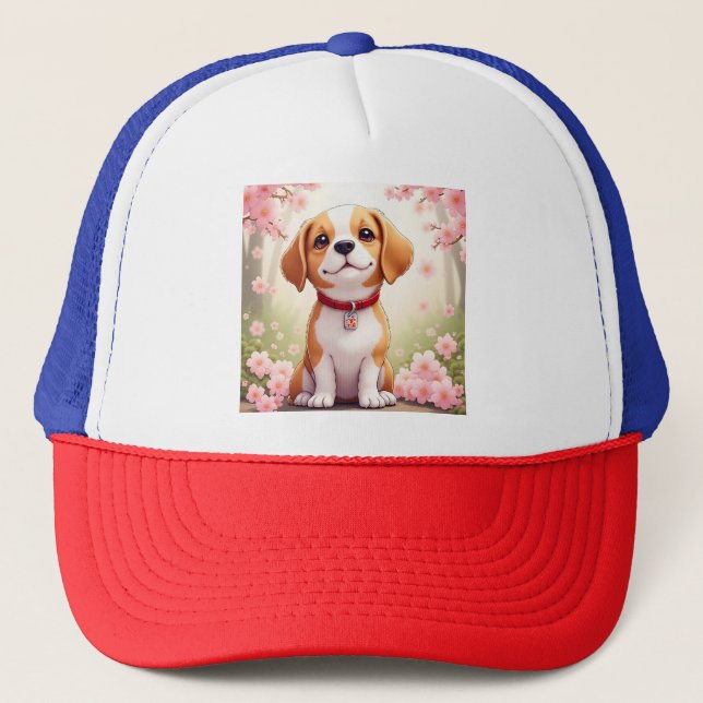 Boné Cão Adorável e florescente Chapéu de Caminhoneiro (Frente)