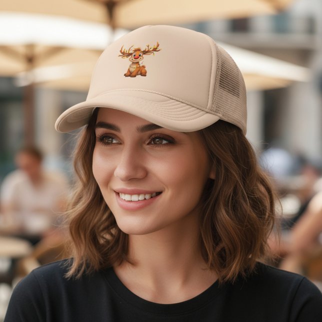 Boné Cartoon reindeer with red nose and lights (Criador carregado)