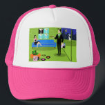 Boné Casal de Cartoon Urbano Hat<br><div class="desc">Este Trucker Casal de Cartoon Urbano Retroativo apresenta o desenho animado de um apartamento de penthouse elegantemente decorado, com vista para uma linha do horizonte da cidade. O apartamento tem um chão verde e uma parede de tijolos verdes. Na parede estão quatro Classic Movie Martini Stretered Canvas Prints, também disponível...</div>