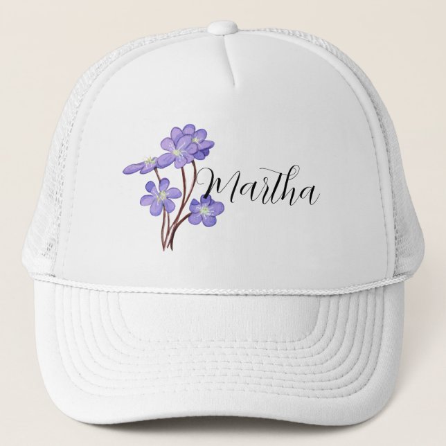 Boné Chapéu de Caminhoneiro com flor de Lilás em Aquare (Frente)