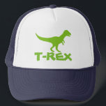 Boné Chapéu do camionista do dinossauro do tiranossauro<br><div class="desc">Chapéu verde do camionista do dinossauro do trex personalizado com nome dos miúdos. Design pré-histórico bonito do boné do rex de t para a festa de aniversário dos meninos. Faça um para o filho, o neto, a ilustração animal dos desenhos animados do t-rex pre histórico selvagem do irmão etc. para...</div>