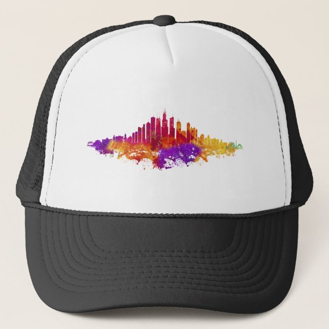 Boné Chicago City Skyline Watercolor em Branco (Frente)