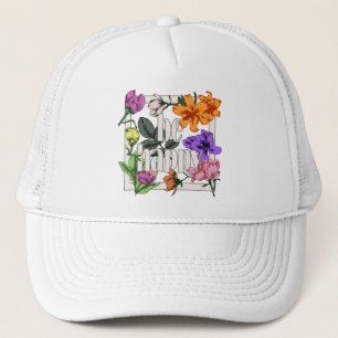 Boné Citação positiva Ser Feliz e flores de jardim
