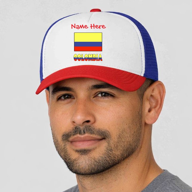 Boné Colômbia Bandeira Colombiana Vermelha Personalizad (Personalized trucker hat has Colombian Flag and COLOMBIA below in flag colors. Add name above in red)
