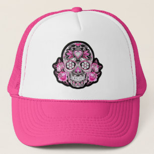 Boné Crânio e Rosas de açúcar rosa