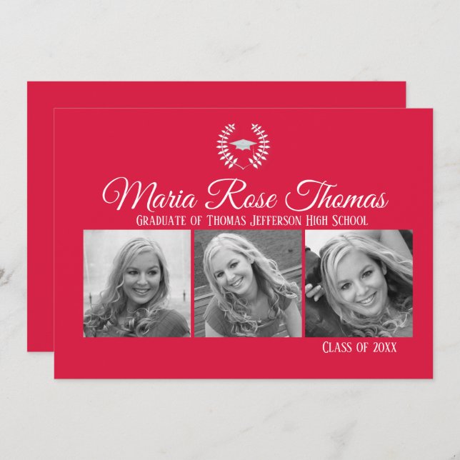 Boné Crimson e Folhas de Formando Convite 5" x 7" (Frente/Verso)