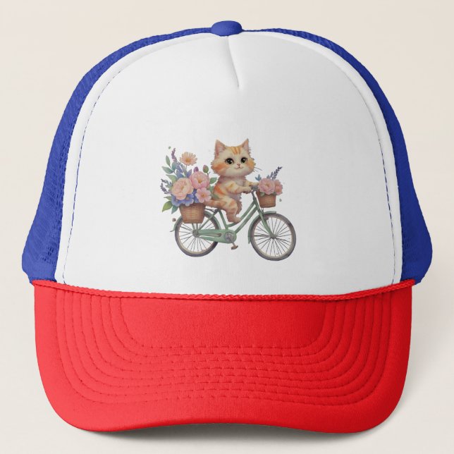 Boné Cute Cat on Floral Bike Hat – Fun Gift for Cat Lov (Frente)