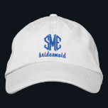 Boné De Baseball Monograma De Casamento Personaliz<br><div class="desc">Surpreenda suas madrinhas com este legal boné no estilo baseball que apresenta seu monograma de 3 letras e a palavra-madrinha abaixo. A figura acima é um boné khaki com texto azul real, mas você pode mudar facilmente o boné e as cores do texto para combinar o tema/cores do seu casamento....</div>
