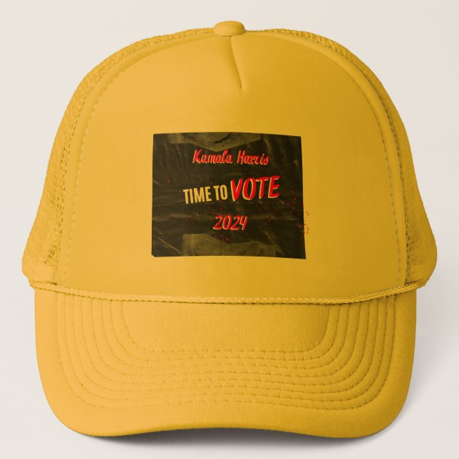 Boné de caminhoneiros Kamala Harris. Cor amarela. (Frente)