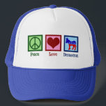 Boné Democrata de Paz e Amor Donkey Cute Blue<br><div class="desc">Este partido democrático bonitinho que apresenta um design liberal legal de um sinal de paz,  coração,  e burro vermelho,  branco e azul. Peace Love Democrat.</div>