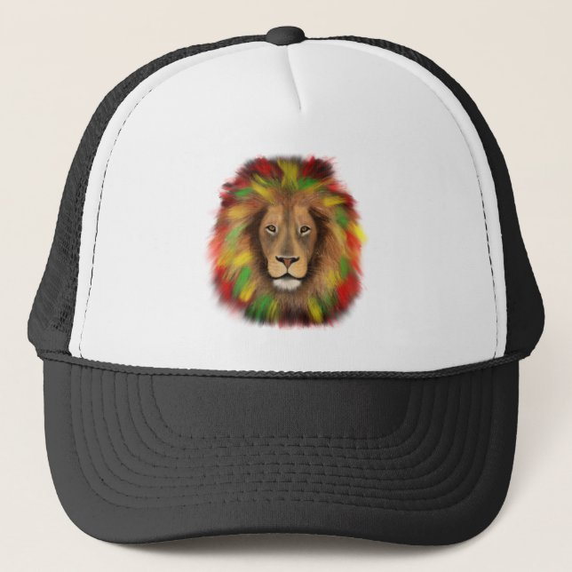 Boné Desenho da cabeça de leão Rasta vermelho amarelo v (Frente)