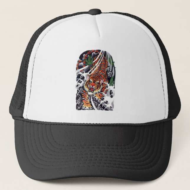 Boné desenho de tatuagem de tigre e folhas de bordo (Frente)