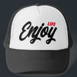 Boné Desfrute do chapéu do caminhoneiro da Vida<br><div class="desc">Aproveite o chapéu de caminhoneiro da Life. Boné de baseball preto e branco personalizado com tipografia de script. design de na moda. Disponível em cores legal. Adicione sua própria citação inspiradora ou dizendo opcionalmente. Boa ideia de presente de aniversário para amigos e família.</div>