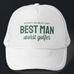 Boné Despedida de solteiro de golfe engraçado, melhor h<br><div class="desc">Para a despedida de solteiro do tema do golfe, ria-se bem com este chapéu personalizado perfeito para o melhor homem. O chapéu contém o ditado "Melhor Homem pior golfista", mas o texto verde pode ser personalizado com a sua escolha de texto. Descubra a coordenação de suprimentos de despedida de solteiro...</div>