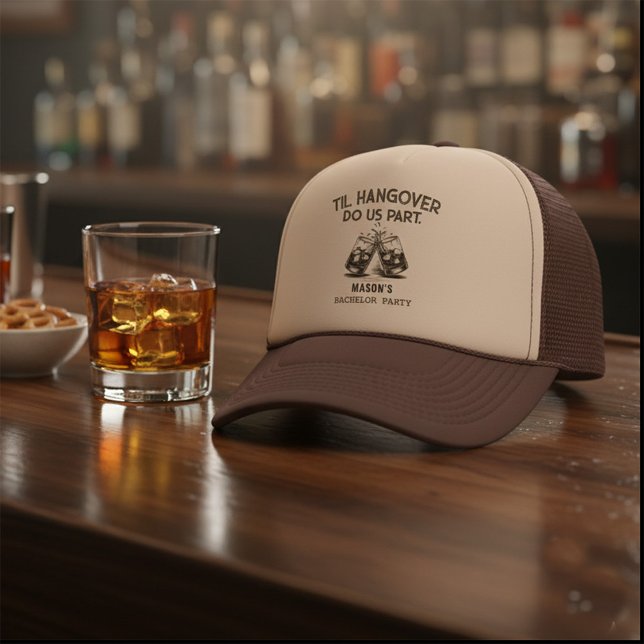 Boné Despedida de Solteiro Engraçado Até a Ressaca Nos  (Bachelor Party Funny Til Hangover Do Us Part Trucker Hat)