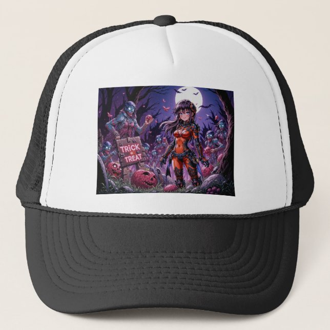 Boné Doces ou Travessuras Zumbis do Halloween Distribui (Frente)