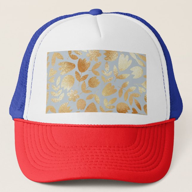 Boné Douradas flores, fundo azul, imitação de folhas. (Frente)
