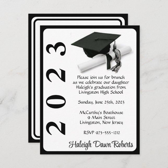 Boné e Diploma, Convite para Graduação em Preto e  (Frente/Verso)