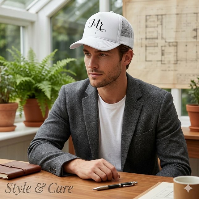 Boné Elegante Chapéu Mr. Text – Presente de Capacete de (Stylish Mr. Text Hat – Groom Trucker Cap Gift)