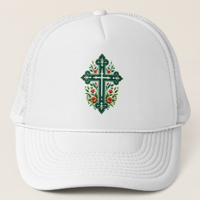 Boné Elegante Floral Christian Cross Design - Inspiraçã (Frente)