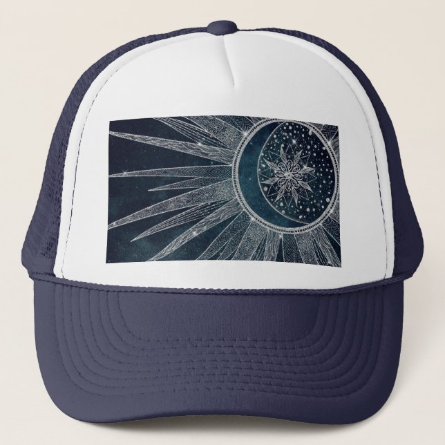 Boné Elegante Sun Moon Doodle Mandala Blue Design (Frente)