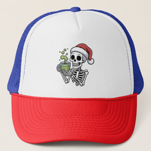 Boné Esqueleto segurando bebida de Matcha vestindo chap (Frente)