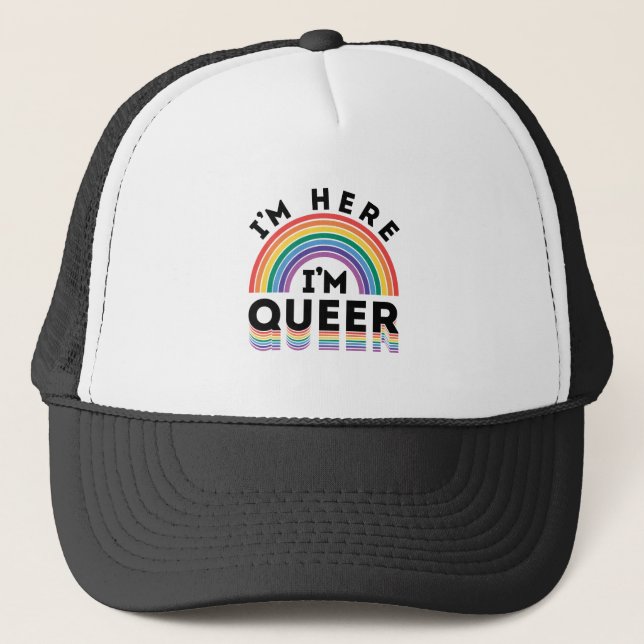 Boné Estou aqui, sou o Queer Orgulho gay Mês Rainbow (Frente)